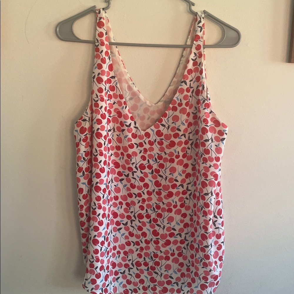 LOFT Pink and Red Cherry Pattern Top